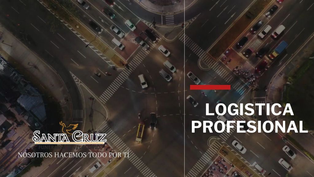 Aerial view of a busy intersection with text about professional logistics and Santa Cruz funeral services.