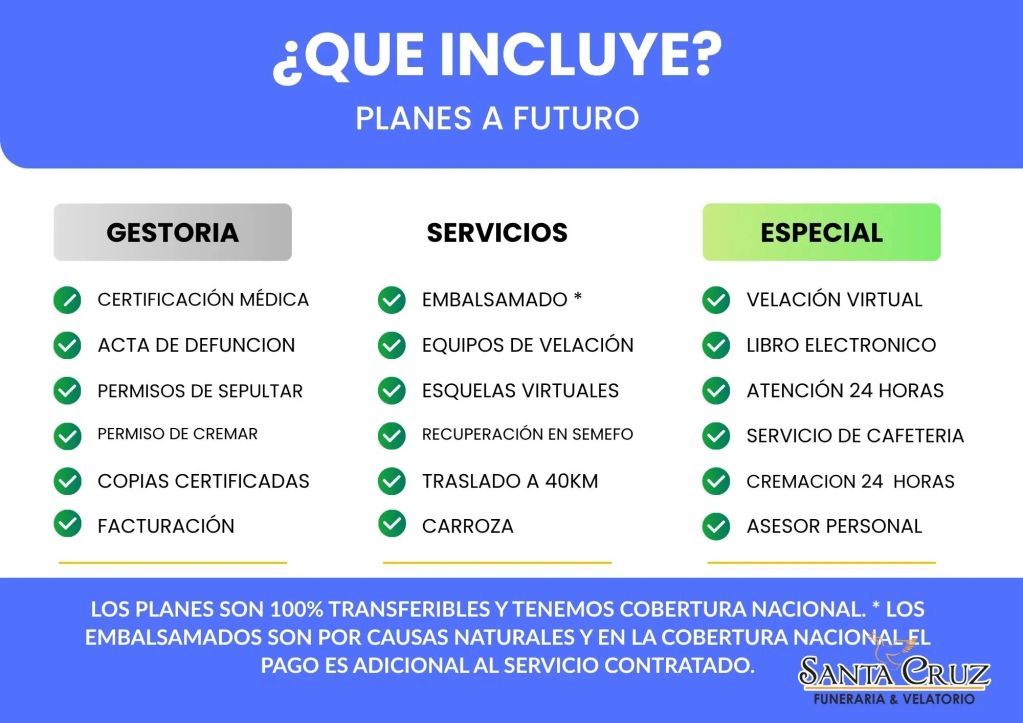 Servicios incluidos en planes funerarios de Santa Cruz, con gestoría, servicios y especiales.