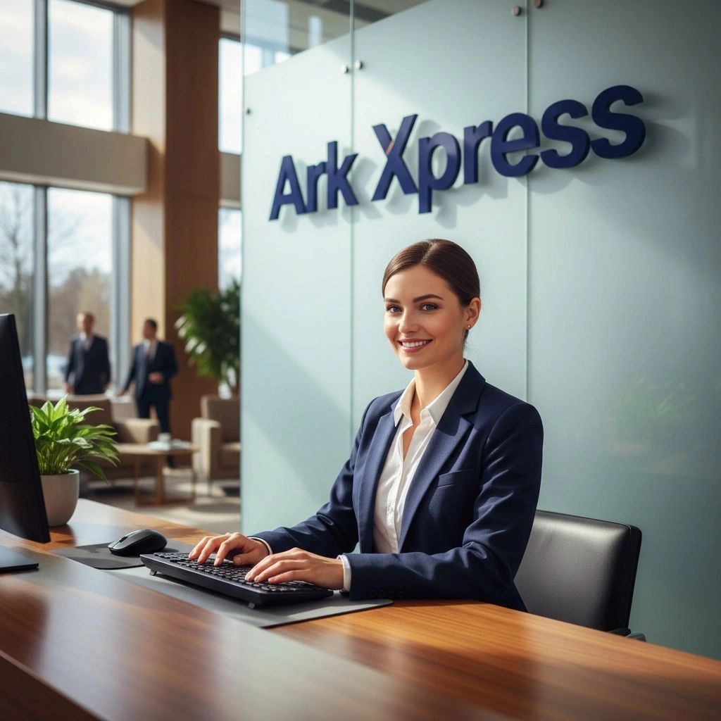 Smiling receptionist at Ark Xpress office desk.