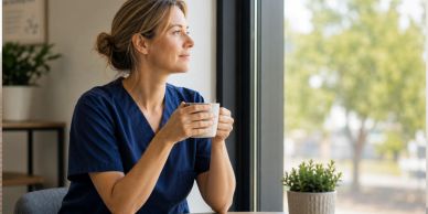 A woman in scrubs enjoys a coffee while looking out a window.