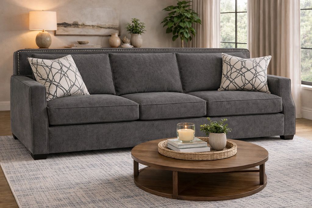 Modern gray sofa with patterned pillows in a cozy living room.