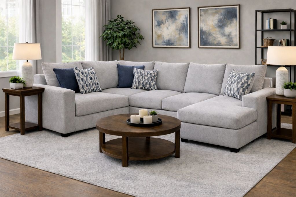 Cozy modern living room with a large gray sectional sofa and wooden furniture.