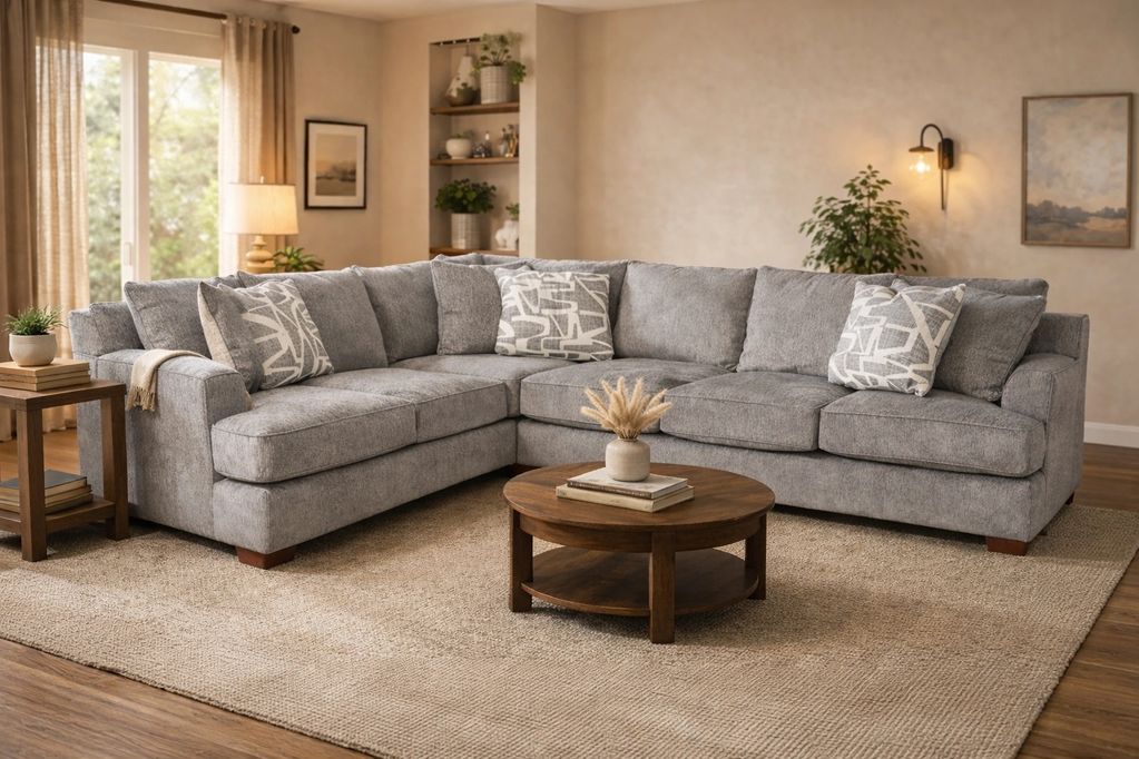 Cozy gray sectional sofa with patterned pillows in a warmly lit living room.