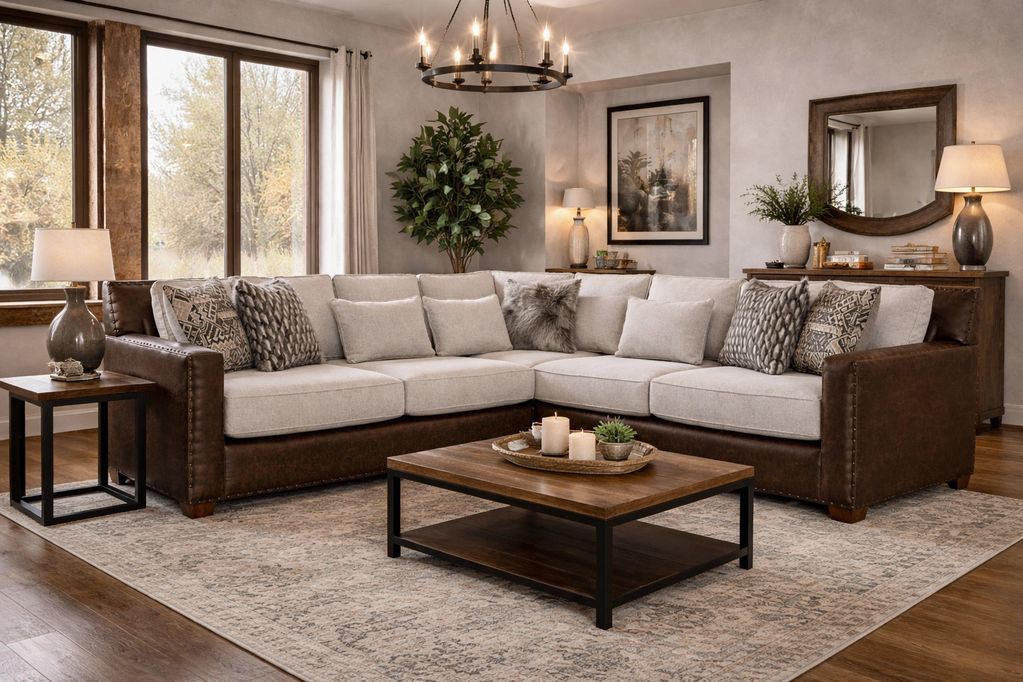 Cozy living room with a sectional sofa, wooden coffee table, and warm lighting.