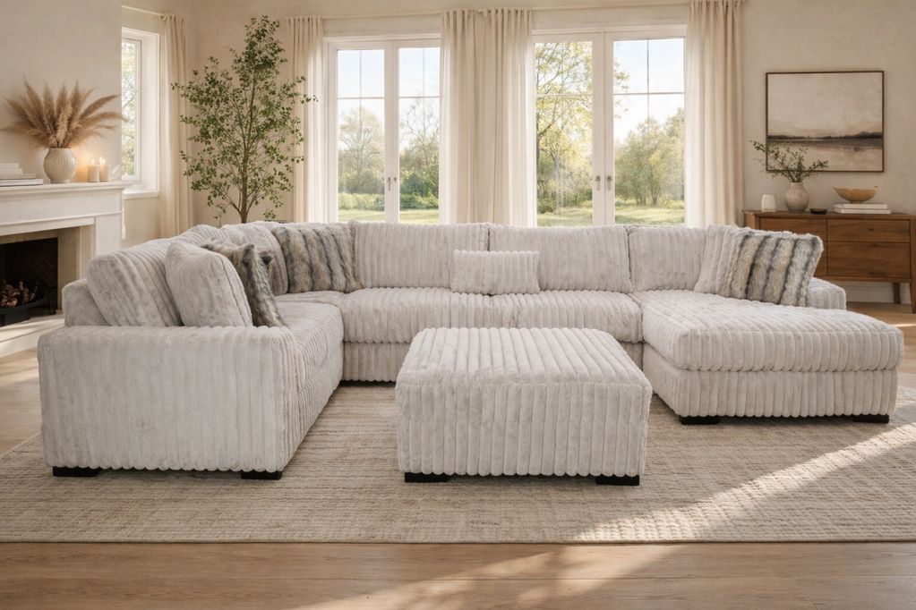 Spacious beige sectional sofa in a bright living room with large windows.