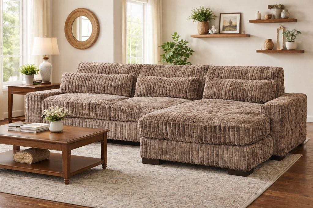 Cozy brown sectional sofa in a warmly decorated living room with plants and wooden furniture.