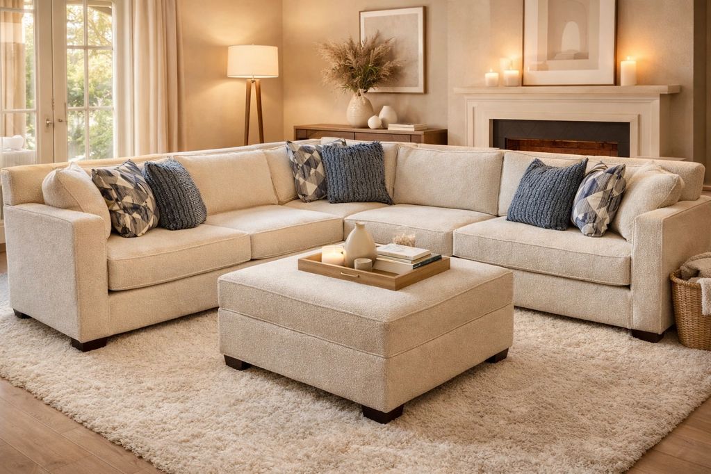 Cozy beige sectional sofa with blue patterned pillows in a warm, inviting living room.