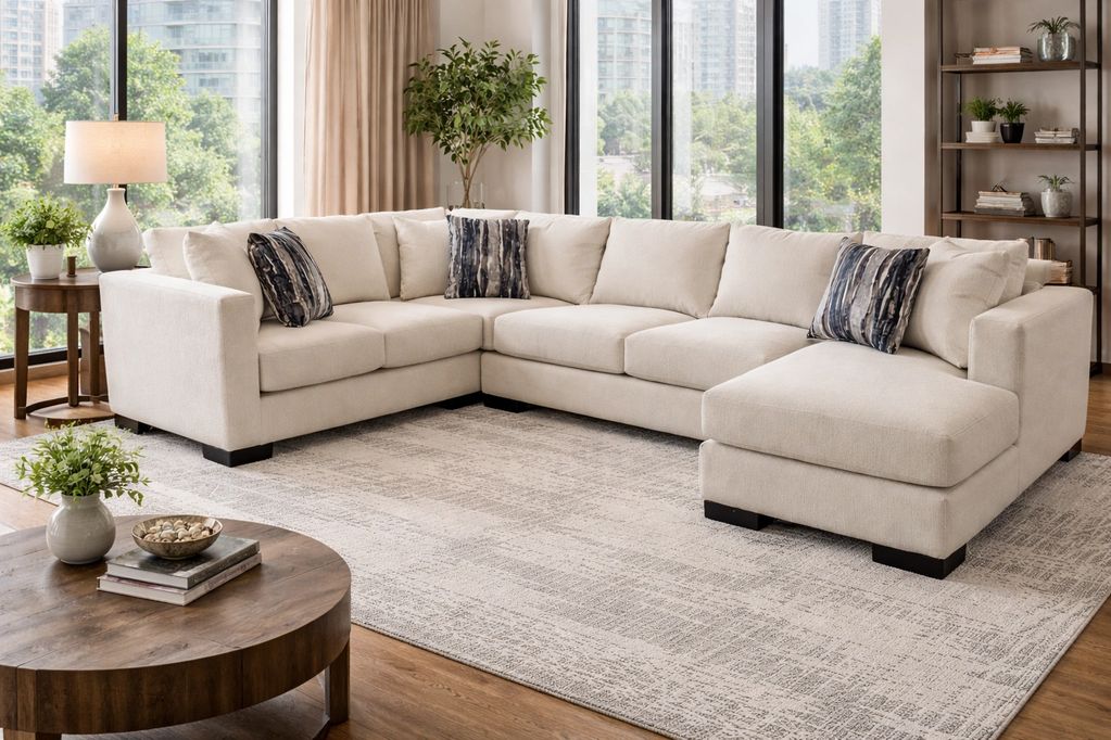 Modern beige sectional sofa with patterned pillows in a bright living room.