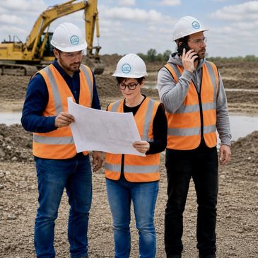 Three construction workers in safety gear reviewing plans on site.
