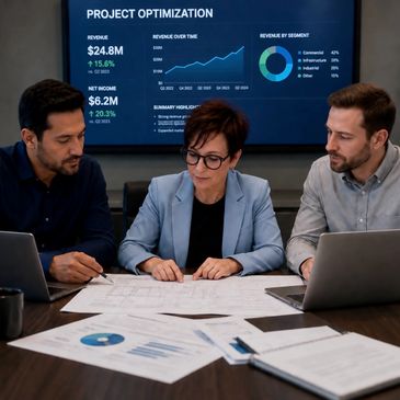 Three professionals analyzing project optimization data in a meeting room.