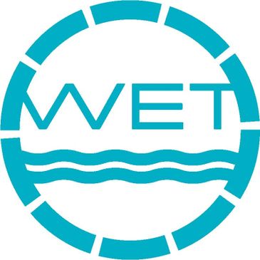 Logo with the word 'WET' and wave lines inside a segmented circle.