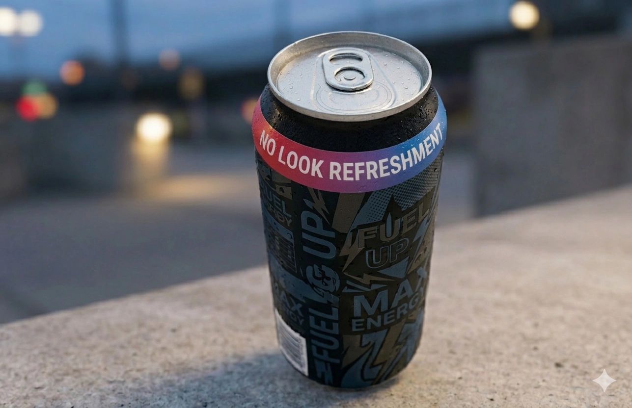 A cold energy drink can on a concrete surface with 'NO LOOK REFRESHMENT' text.