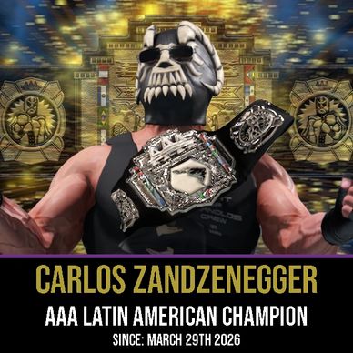 Carlos Zandzenegger, AAA Latin American Champion, poses with his championship belt and a menacing mask.
