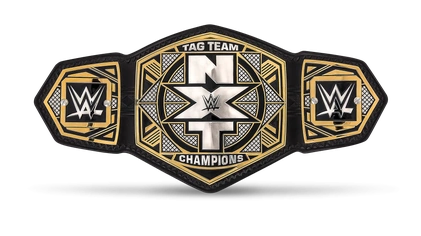 WWE NXT Tag Team Championship belt with gold and black design.