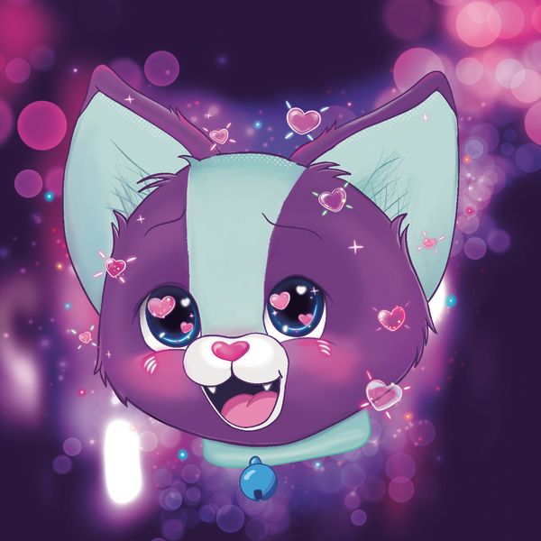 Cute purple and teal cat head with heart-shaped details and a bell collar.