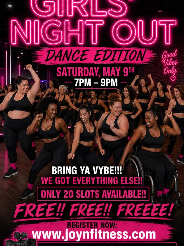 Energetic girls' dance fitness class promoting a free event on May 9th, 7-9 PM.