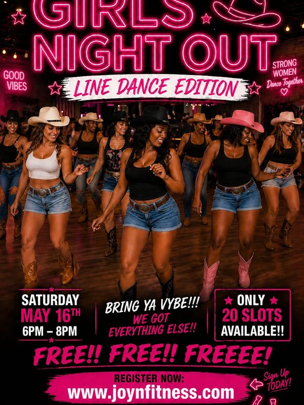 Women enjoying a lively girls' night line dance event with neon signage.
