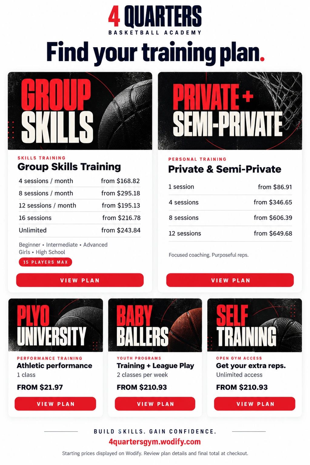 4 Quarters Basketball Academy training plans and prices.