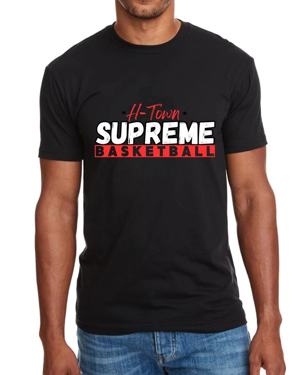 Black t-shirt with bold "H-Town Supreme Basketball" text in red and white.