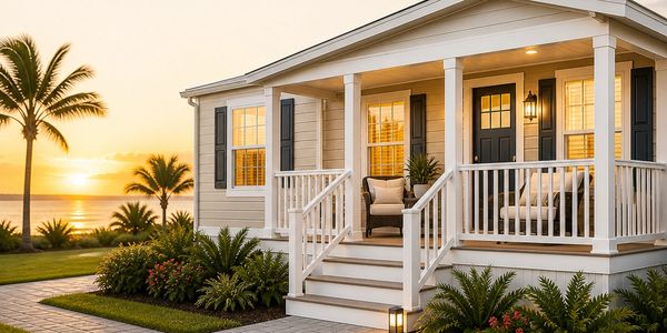 Cozy beachside house porch at sunset with tropical plants and warm lighting.