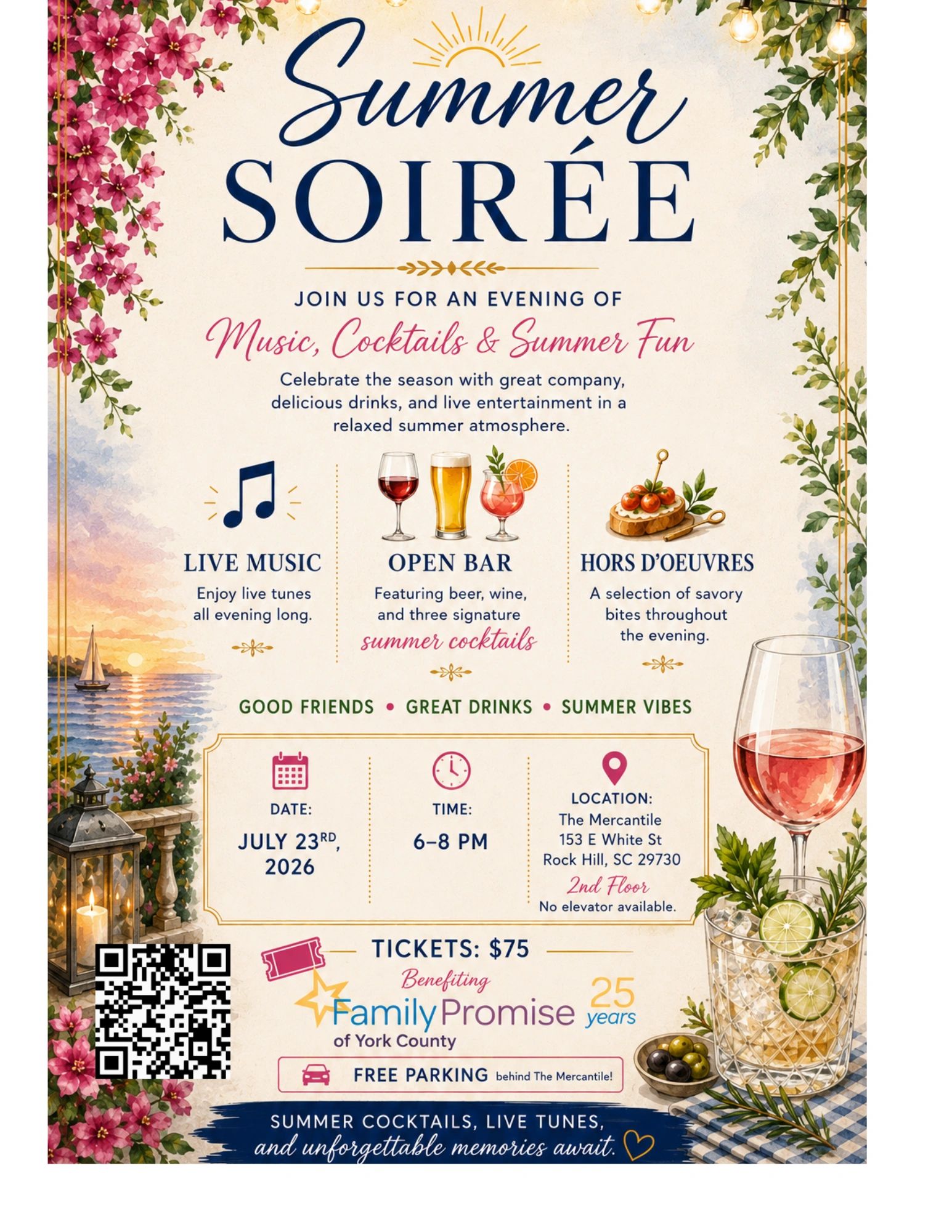 Summer soirée event with live music, open bar, and hors d'oeuvres on July 23, 2026, in Rock Hill, SC.
