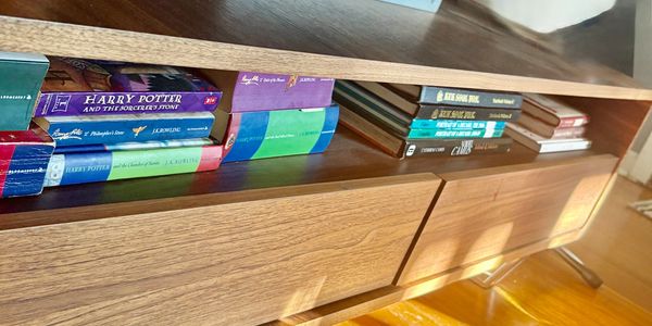 Books neatly arranged on a wooden shelf with sunlight streaming in.