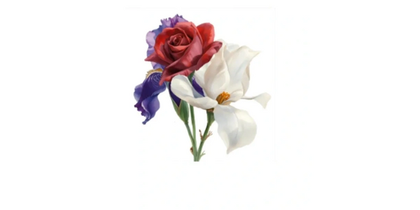 A trio of elegant flowers: red rose, white magnolia, and purple iris.