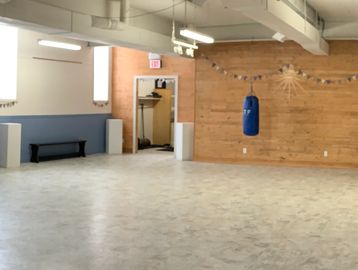 Empty room with a punching bag and wooden wall.