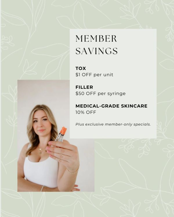 Promotional member savings on tox, filler, and skincare treatments.