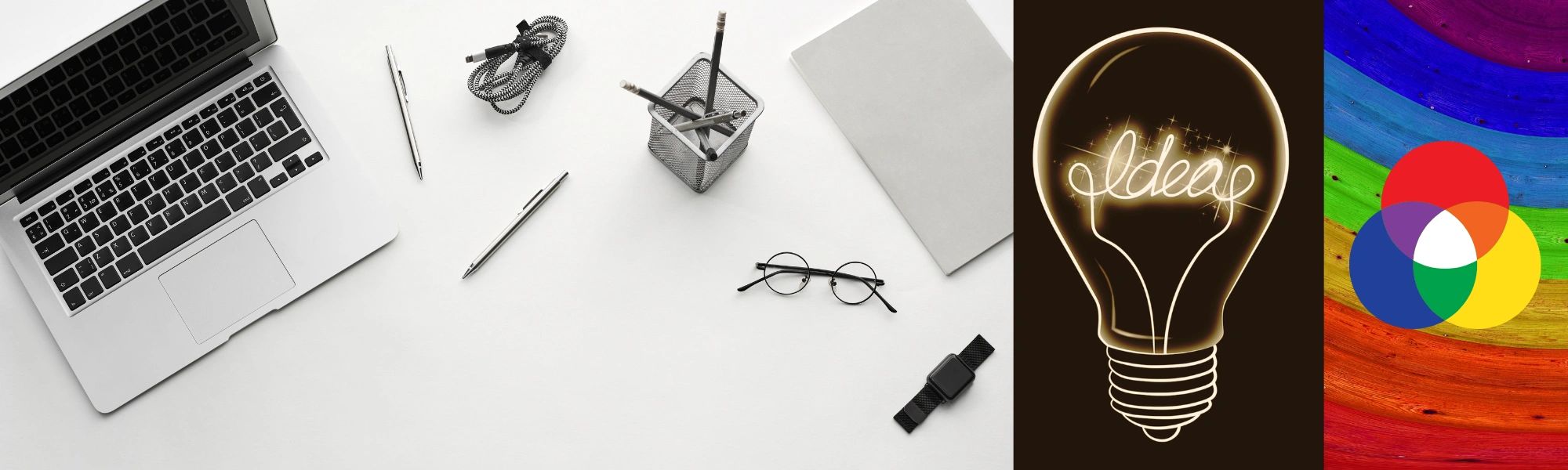 Three pictures. First a white desk with a laptop on the far left, pens, USB cable, folder, glasses, 