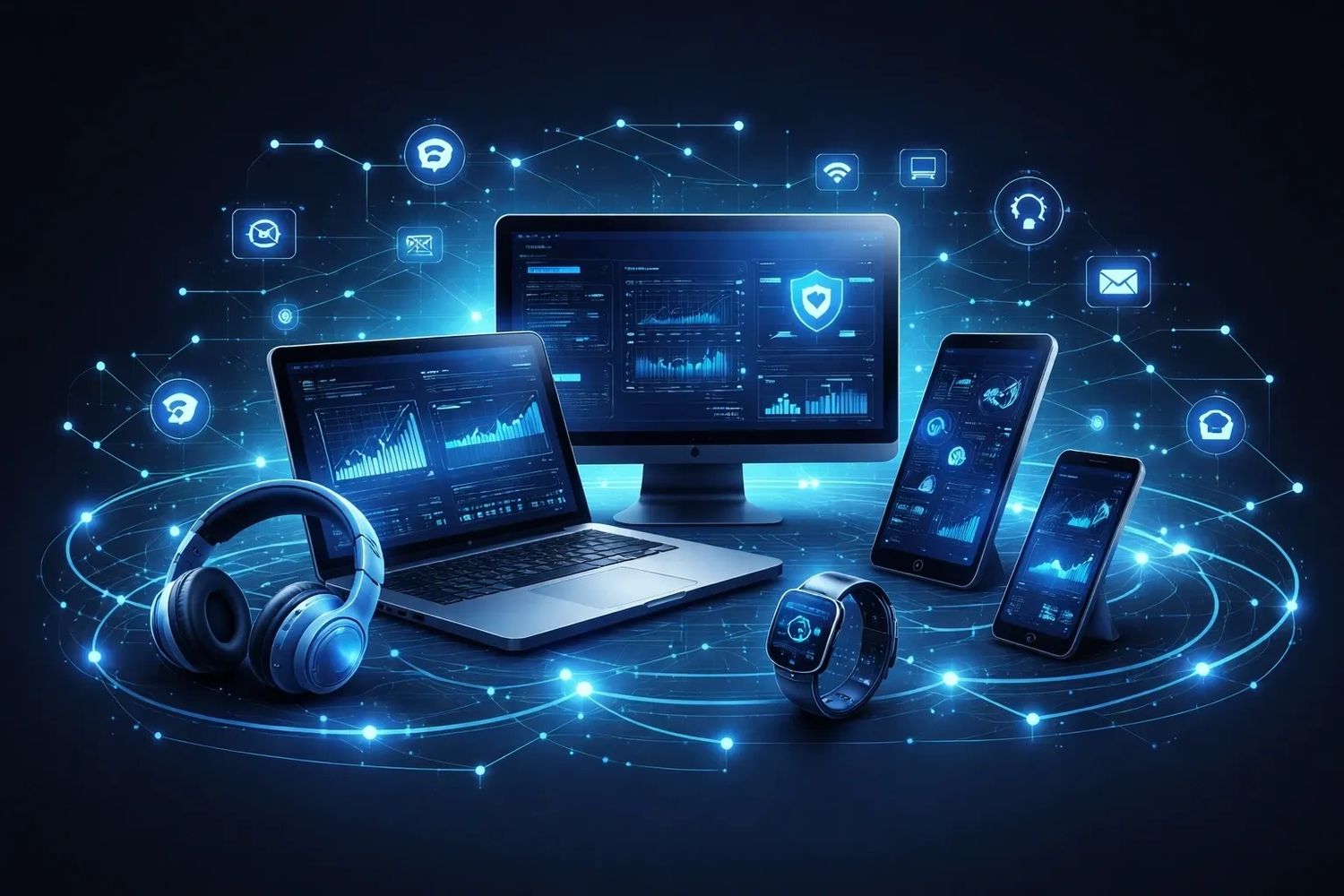 Various digital devices connected in a futuristic network with data analytics displays.