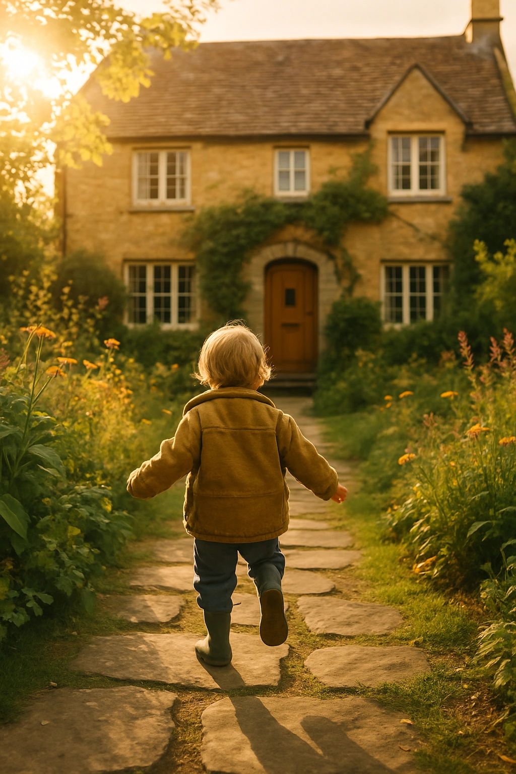 A young child walking along a garden path towards a house
