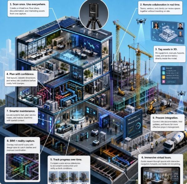 High-tech building construction with 3D scanning and collaboration features.