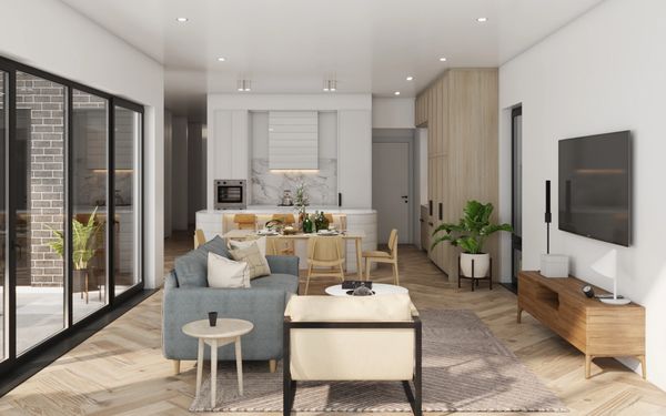 Living, dining and kitchen area