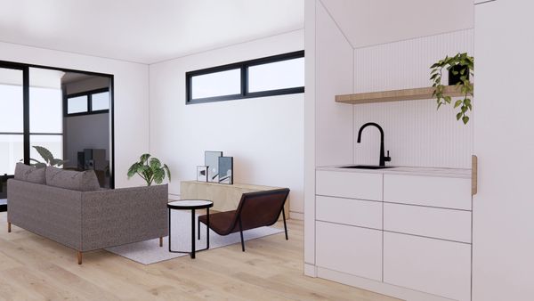 Upstairs kitchenette and living