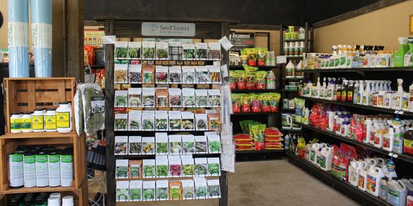 Interior of Seed Store at The Barn Nursery, showing a seed display and gardening supplies.