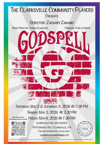 Poster for Godspell musical by Clarksville Community Players in May 2026.