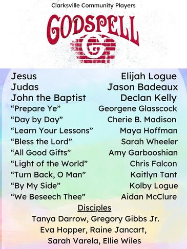 Cast list for Clarksville Community Players' Godspell production.