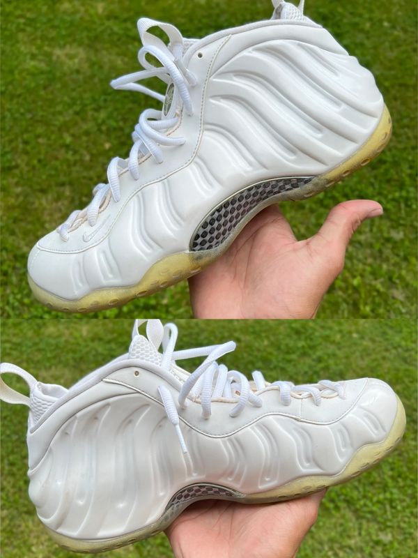 Nike Air Foamposite One White Out (2013 Release) 
Before: 
Basic clean 
Shoe lining 
Outer sole 