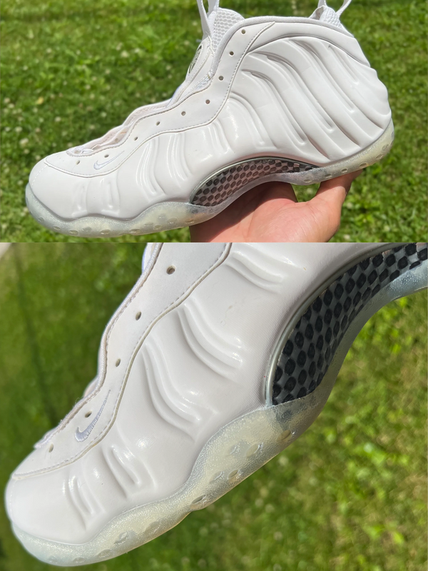 Nike Air Foamposite One White Out (2013 Release) 
After: 
Basic clean 
Shoe lining 
Outer sole 