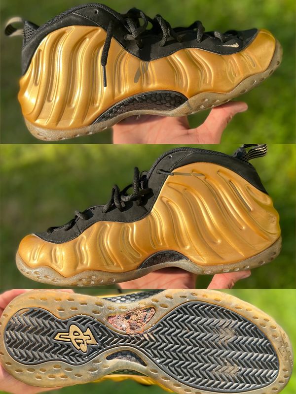 Nike Air Foamposite One Metallic Gold (2015 Release) 
Before: 
Basic clean 
Outer sole oxidation