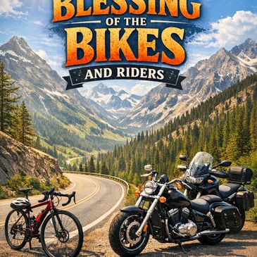 Motorcycle and bicycle parked on a scenic mountain road for a blessing event.