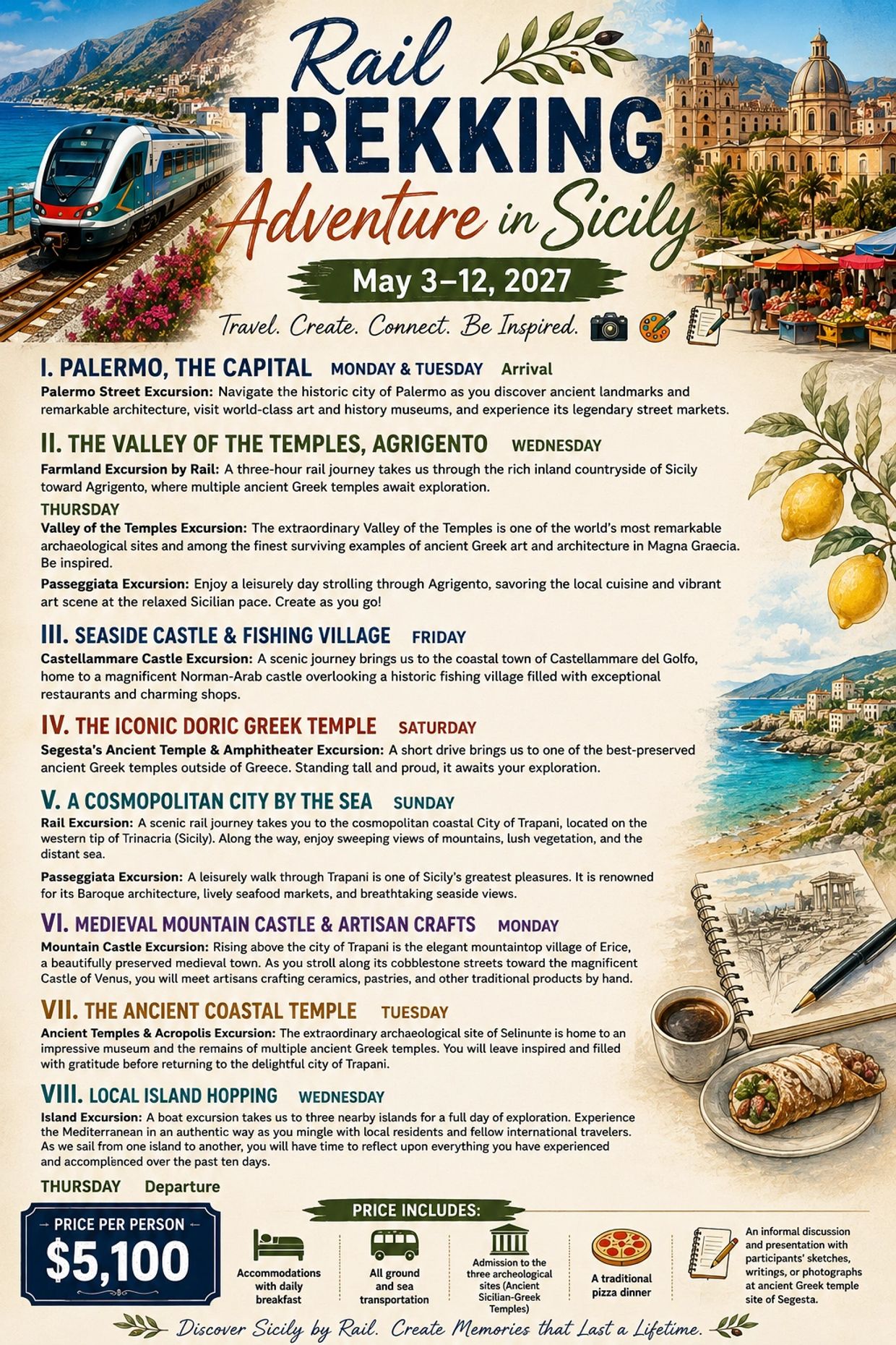 Rail trekking adventure in Sicily from May 3-12, 2027 with excursions, accommodations, and meals included.