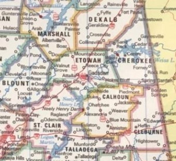 Map of counties in Alabama including Etowah and Calhoun.