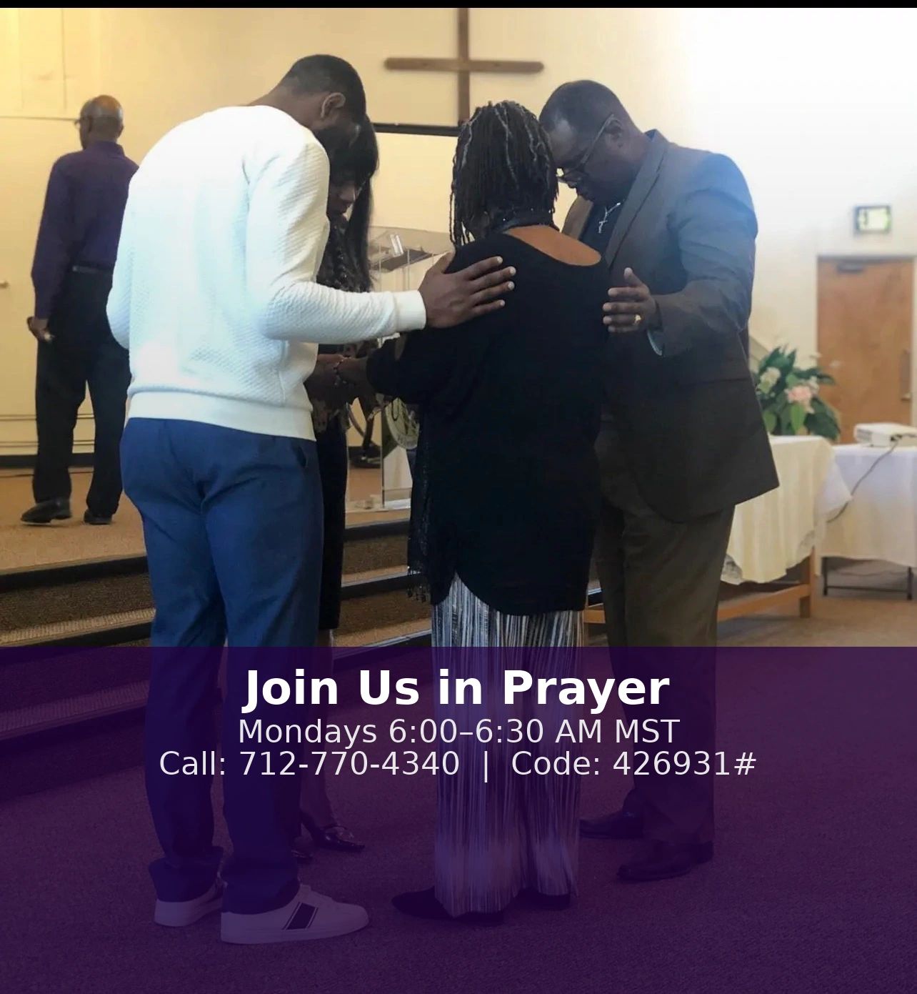 Group praying together in a church setting with prayer meeting details overlay.