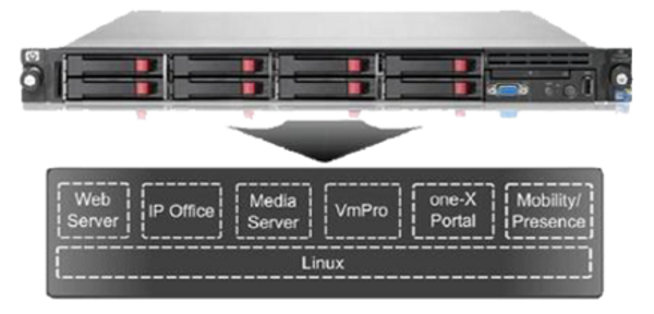 Rack server with multiple drive bays and software modules diagram.