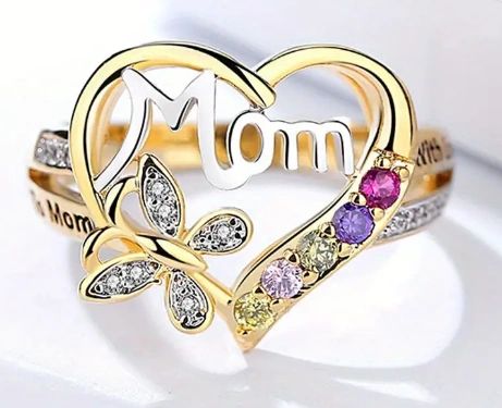 Gold heart-shaped ring with Mom inscription and colorful gemstones.