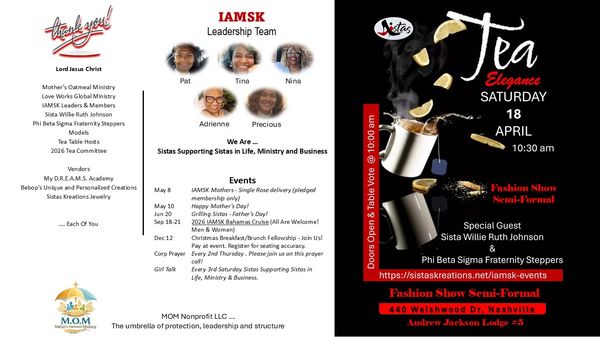Flyer for Tea Elegance event with fashion show and special guests on April 18.
