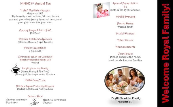 Program flyer for IHM&amp;K 3rd Annual Tea event celebrating family and community.