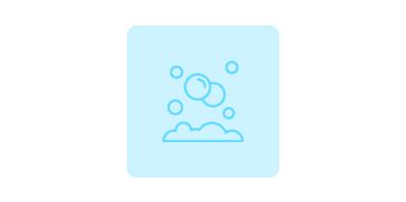 Blue icon showing soap bubbles and foam on a light blue background.